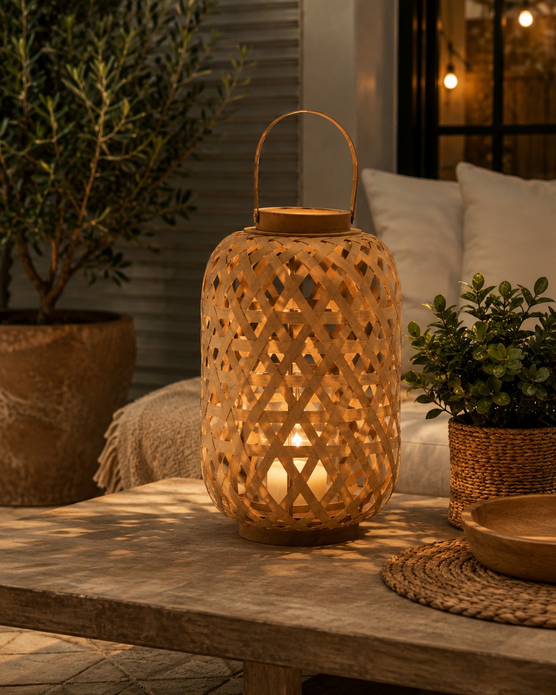 Farol Decorativo Cilíndrico de Bambú con Asa y Porta Velas 25cm Natural - Imagen 3