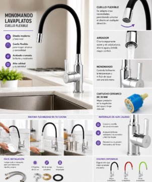Monomando Llave Grifo Con Cuello Flexible Para Lavaplatos Marca Taumm Color Negro