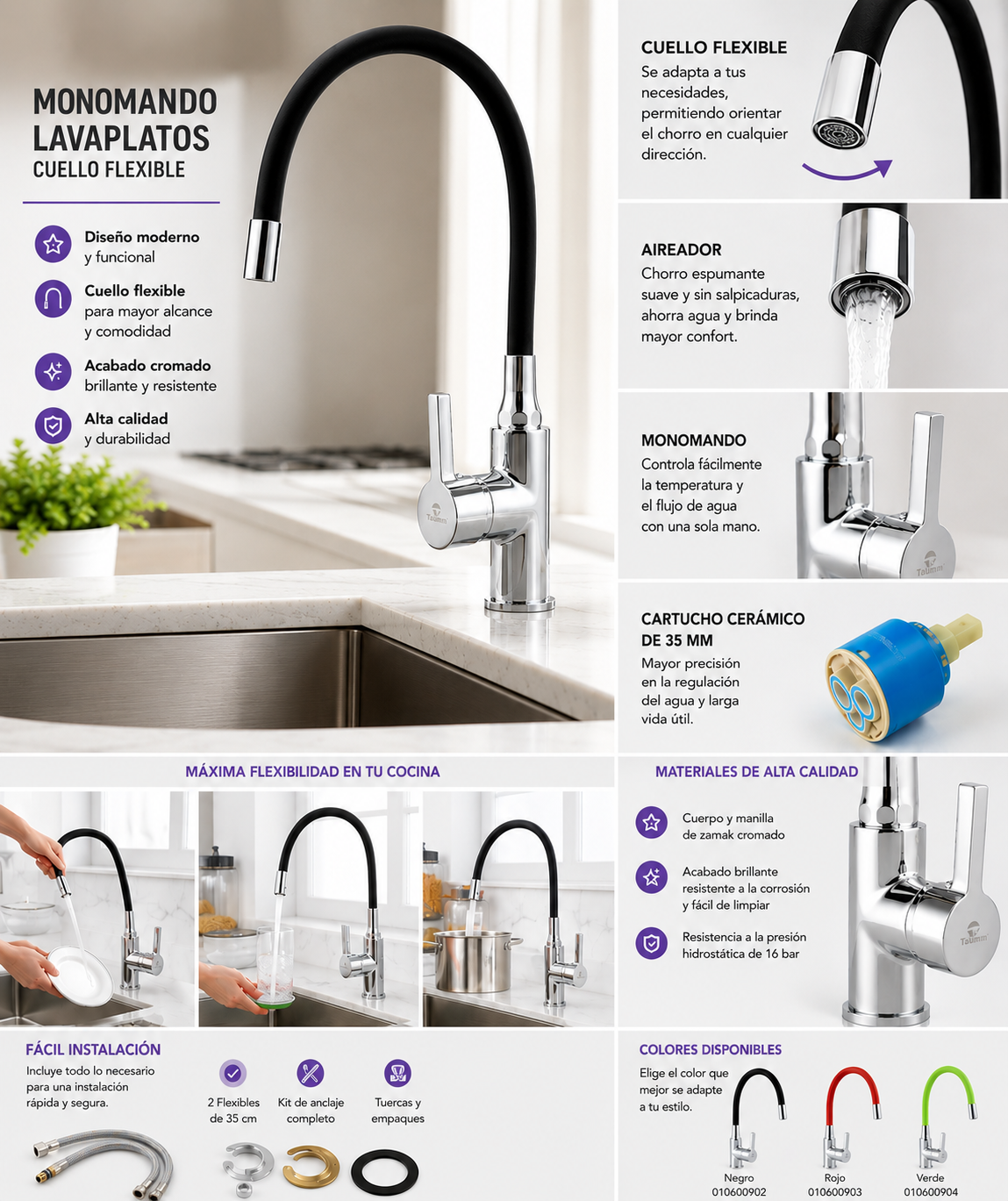 Monomando Llave Grifo Con Cuello Flexible Para Lavaplatos Marca Taumm Color Negro