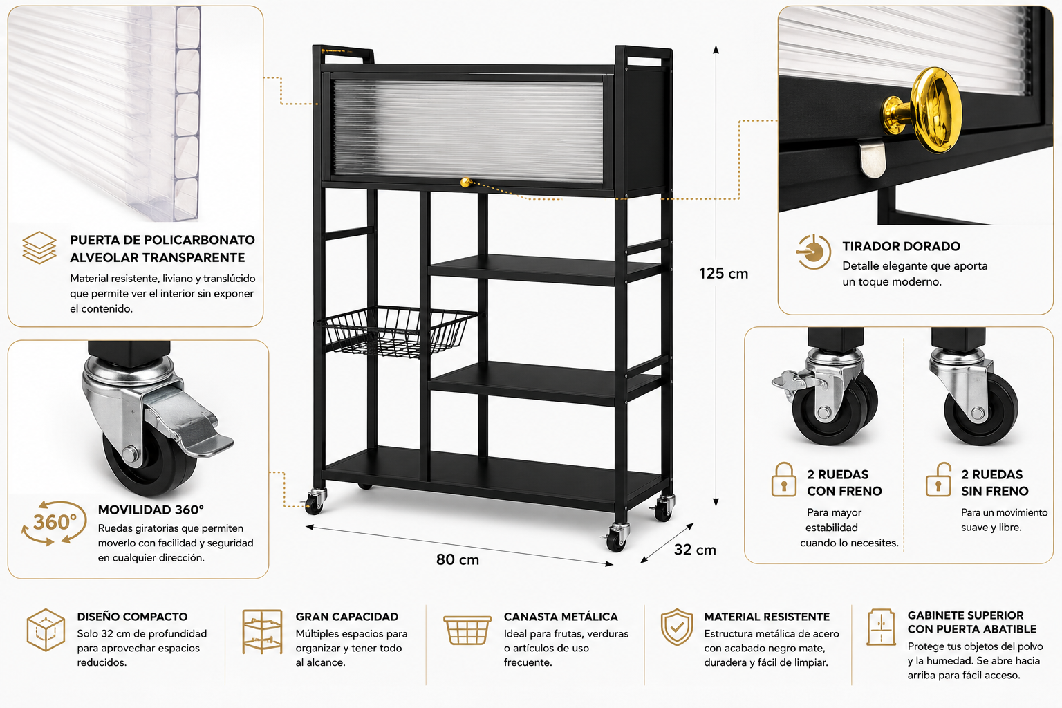 Estante Organizador Multiuso de Cocina con Gabinete y Ruedas - Imagen 3