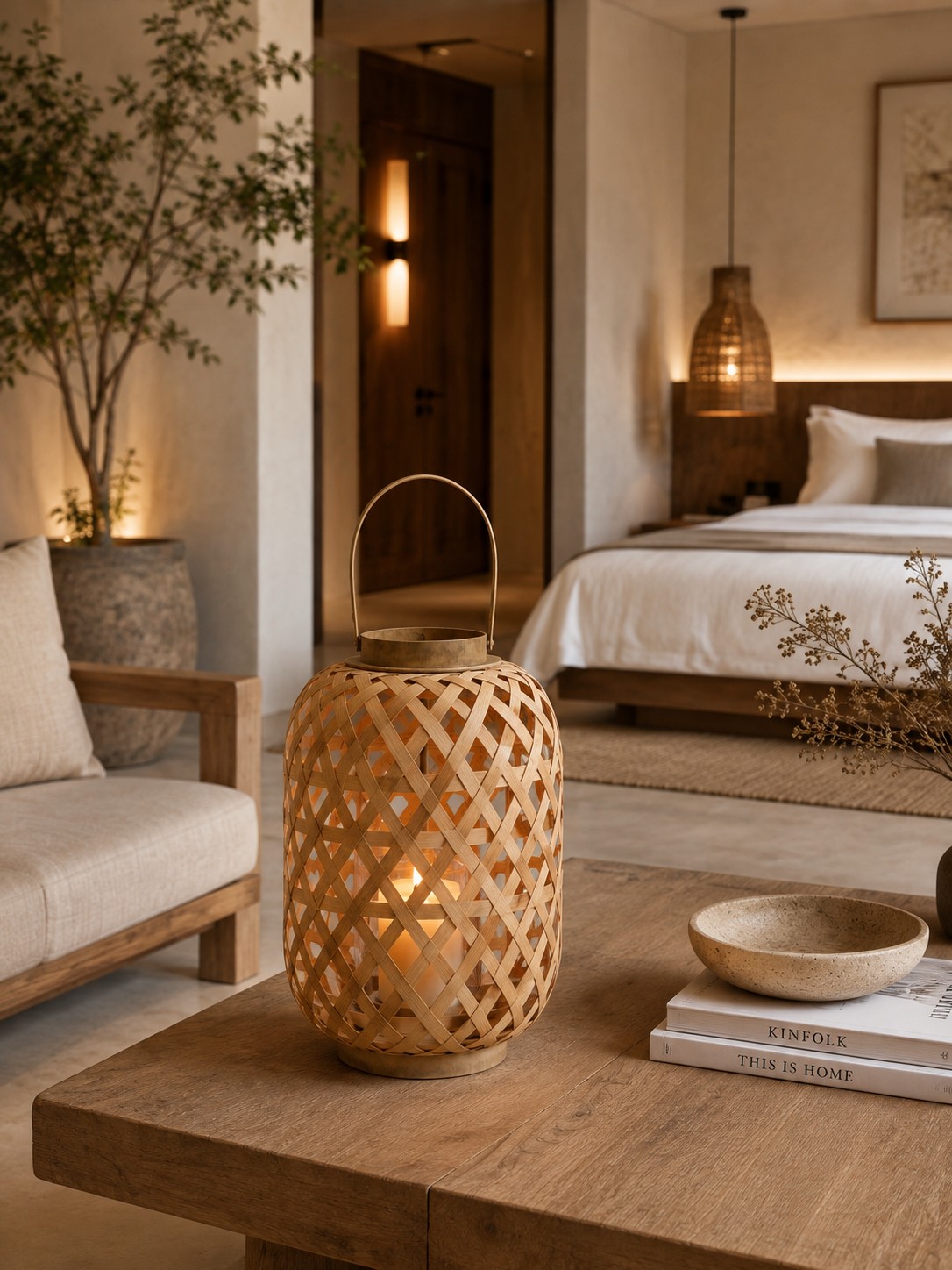 Farol Decorativo Cilíndrico de Bambú con Asa y Porta Velas 25cm Natural - Imagen 6
