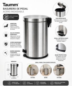 Basurero Pedal Acero Inoxidable 20 Litros Taumm