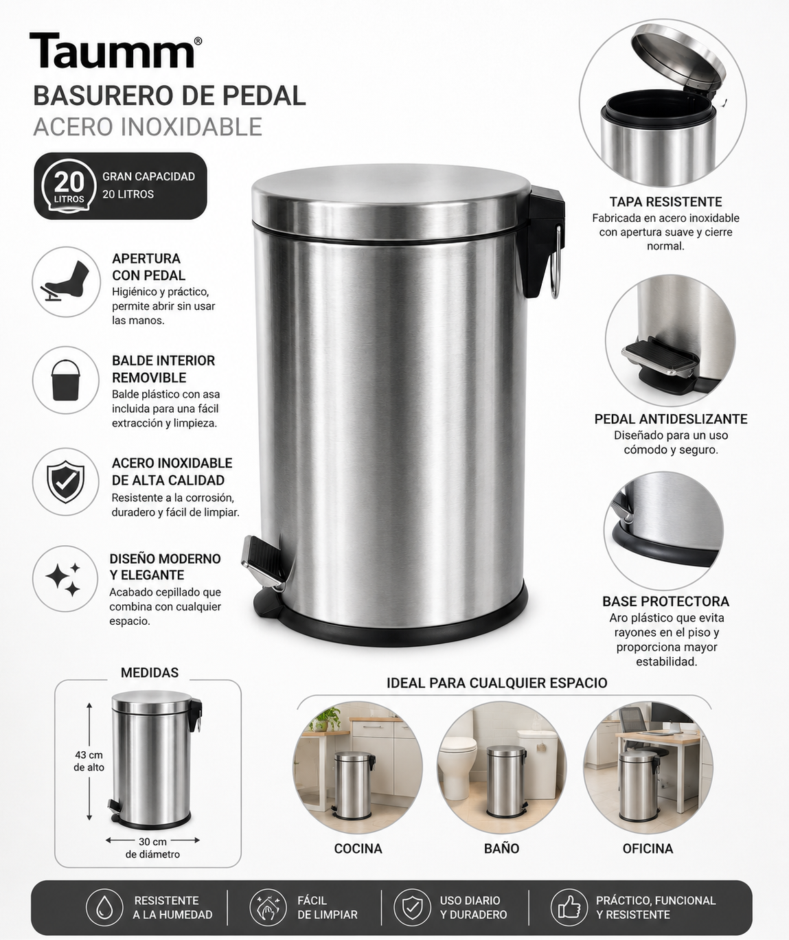 Basurero Pedal Acero Inoxidable 20 Litros Taumm