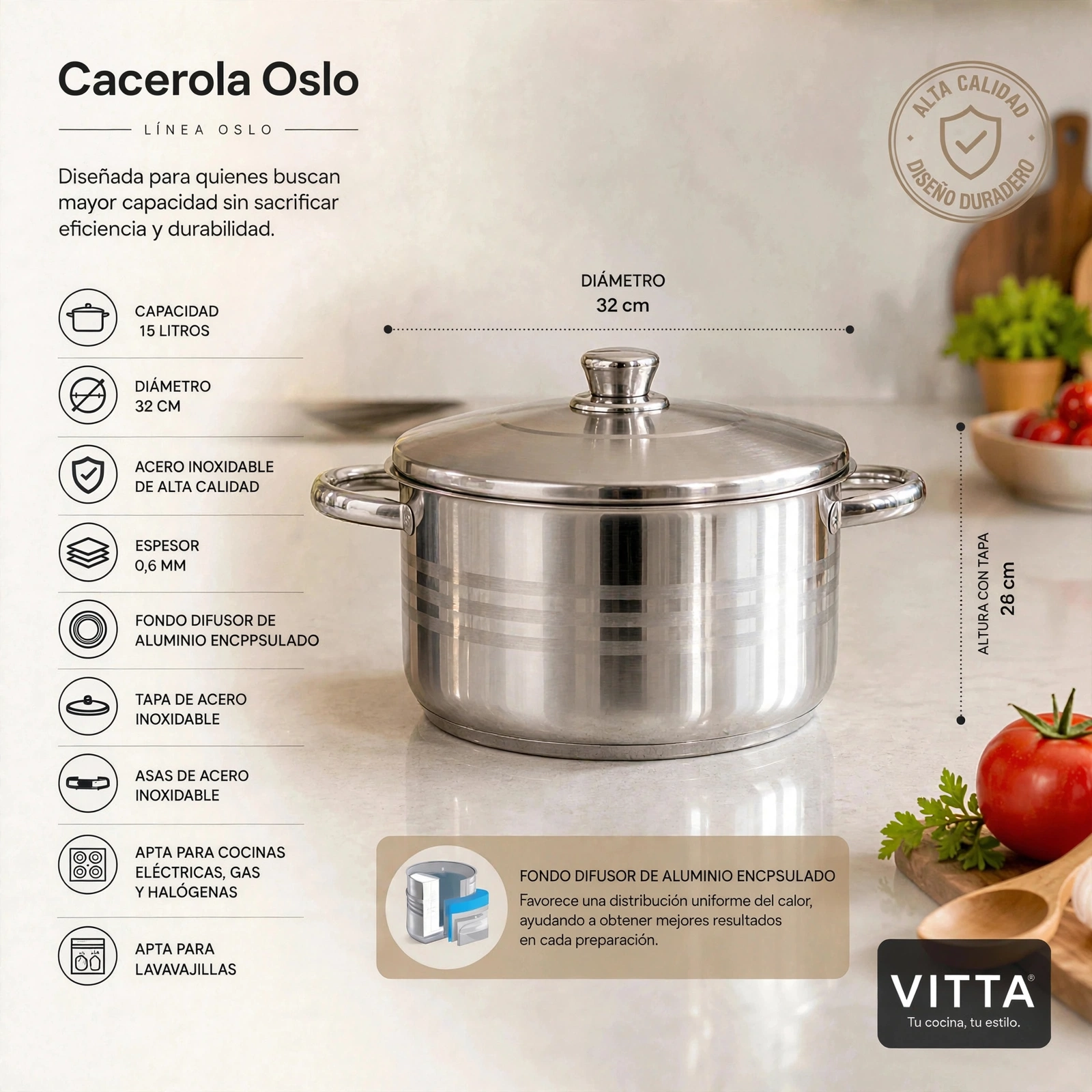 Cacerola Acero Inoxidable Alta 32 Cm 15 Litros 0.6 MM Modelo Oslo Marca Vitta - Imagen 8