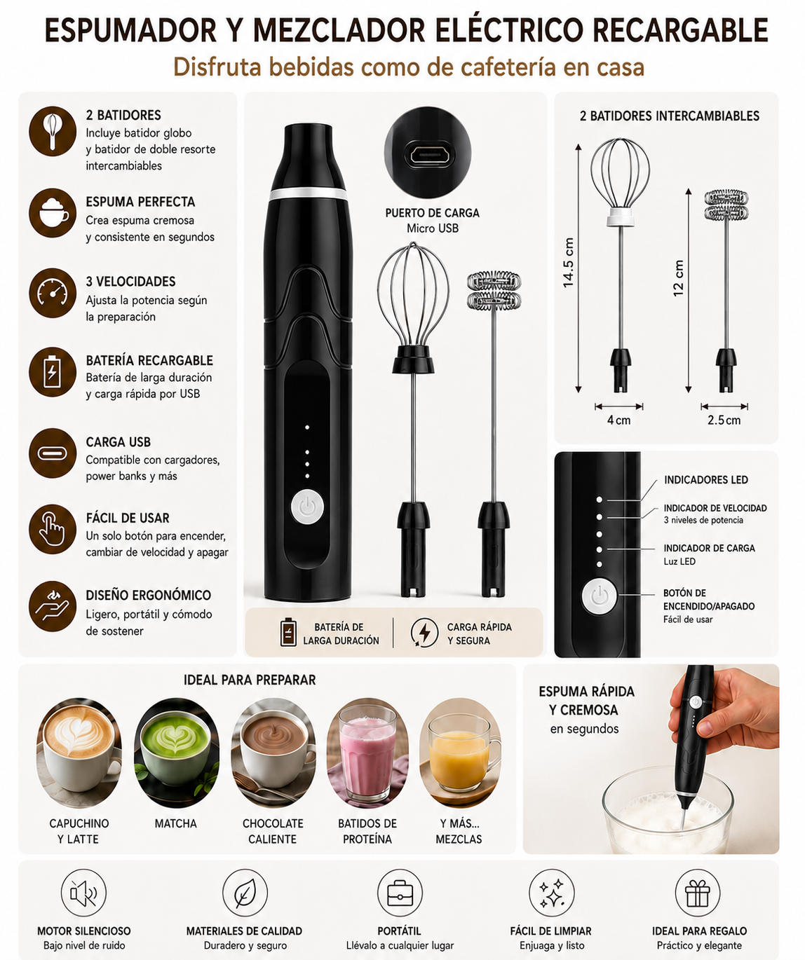 Espumador de leche recargable 3 velocidades con doble cabezal para café, matcha y proteínas - Imagen 5