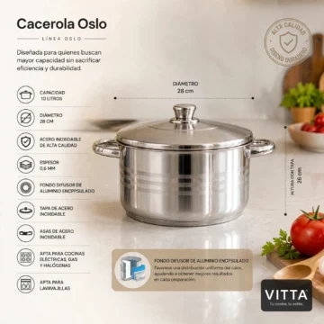 Cacerola Acero Inoxidable 28 Cm 10 Litros 0.6 MM Modelo Oslo Marca Vitta