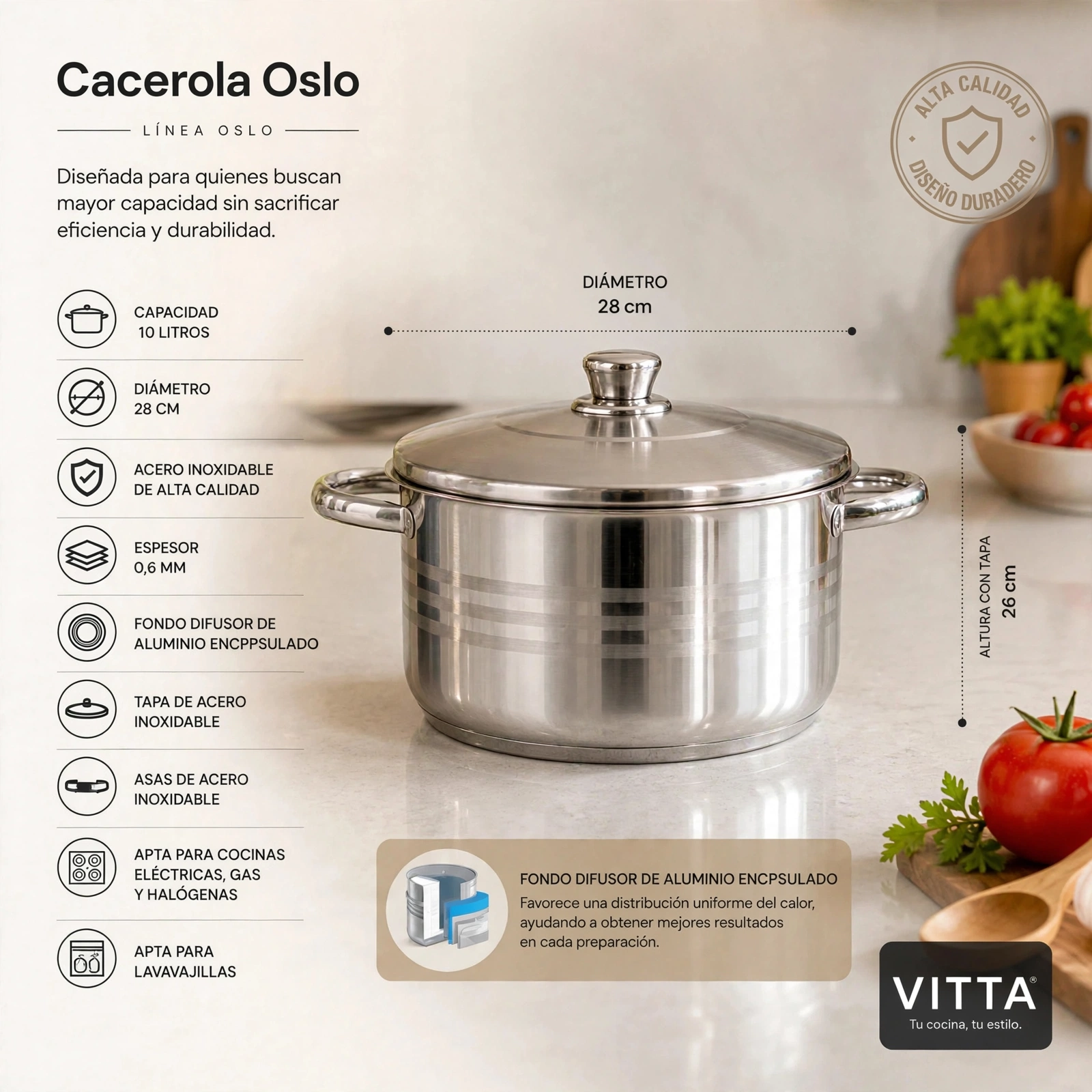 Cacerola Acero Inoxidable 28 Cm 10 Litros 0.6 MM Modelo Oslo Marca Vitta