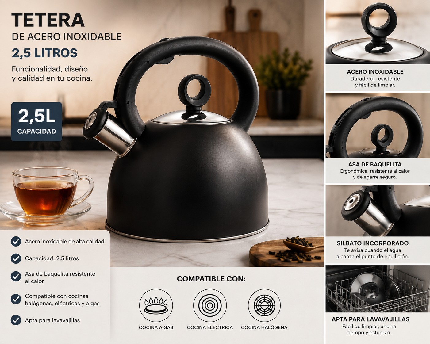 Tetera 2,5 Litros Acero Inox Modelo Dark Marca Vitta