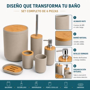 Set de Baño 6 Piezas ABS y Bambú con Basurero y Escobillero