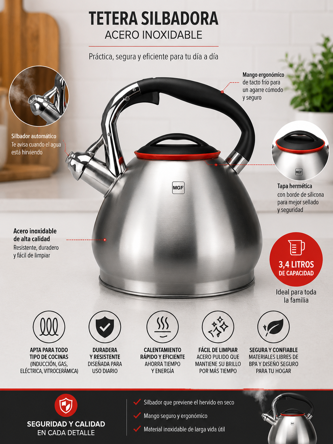 Tetera Acero Inoxidable 3.4 Litros Modelo Nova Marca Magefesa