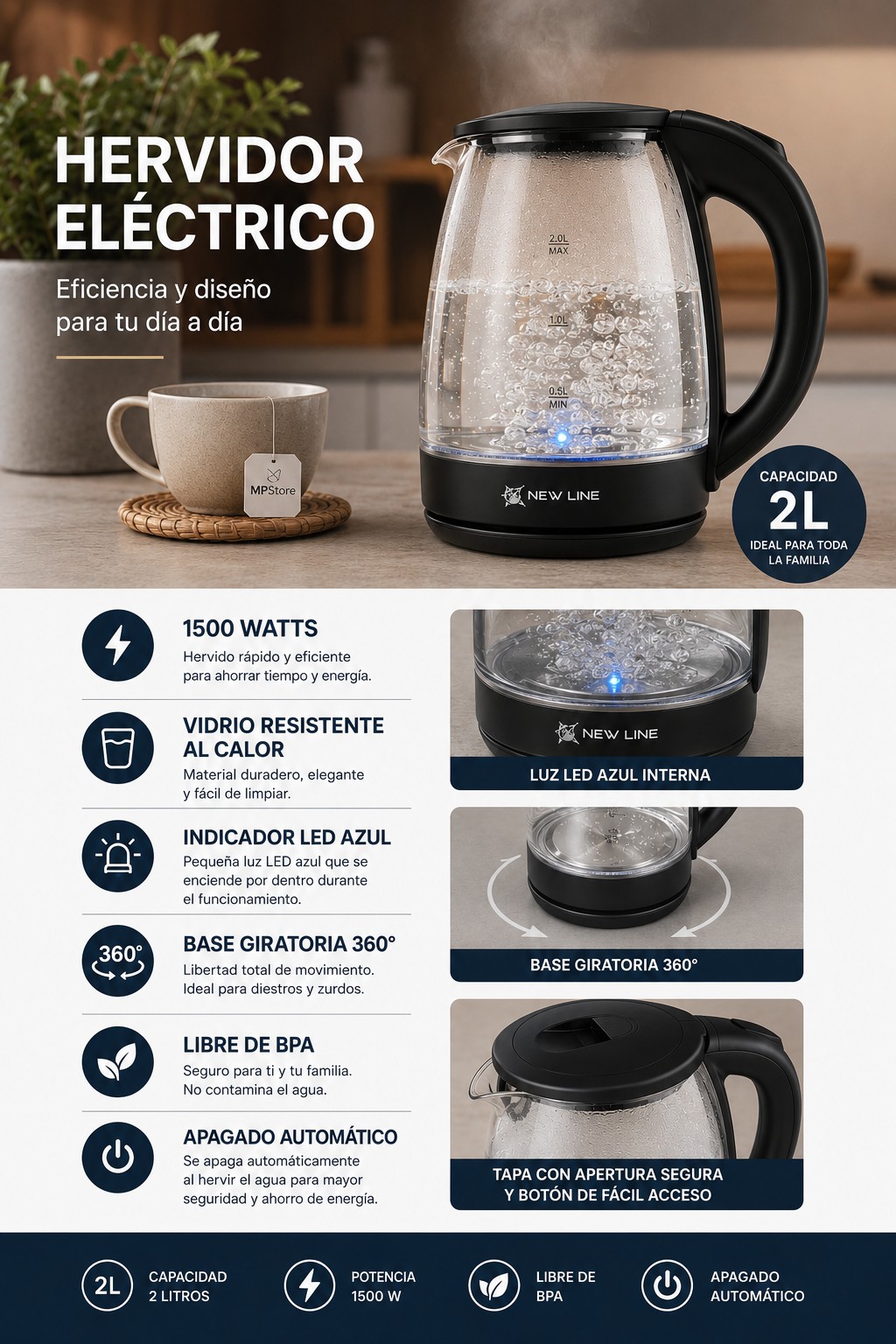 Hervidor Electrico de vidrio Capacidad de 2 litros 1500w New line