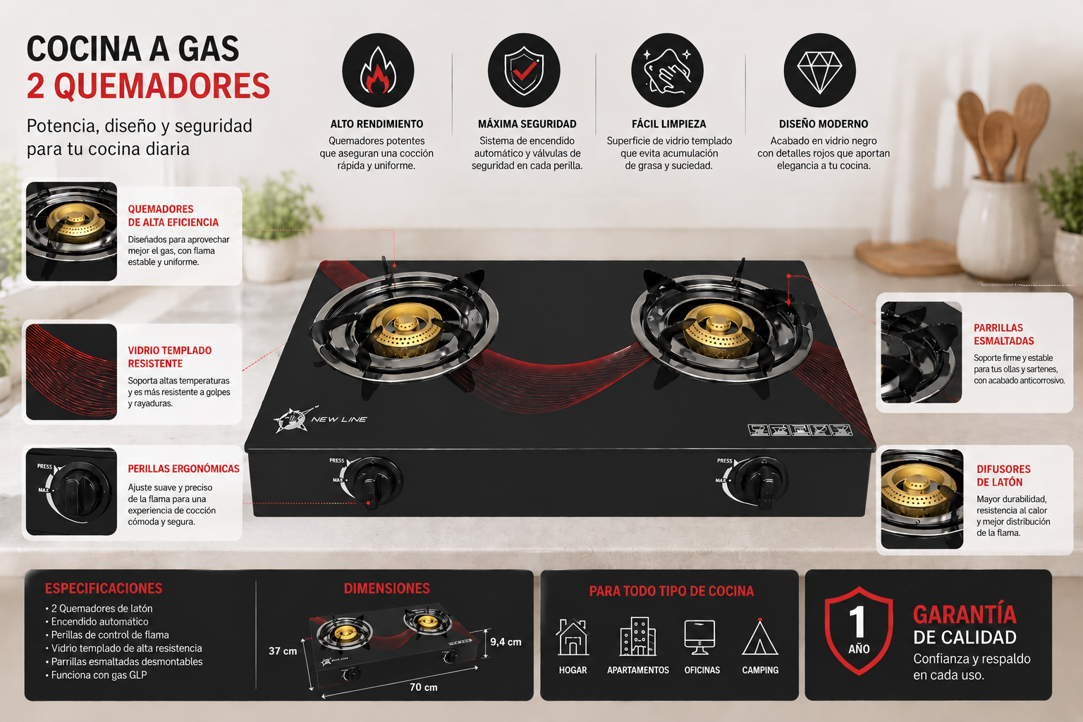 Cocina A Gas Con 2 Platos Vidrio Templado Marca New Line - Imagen 4