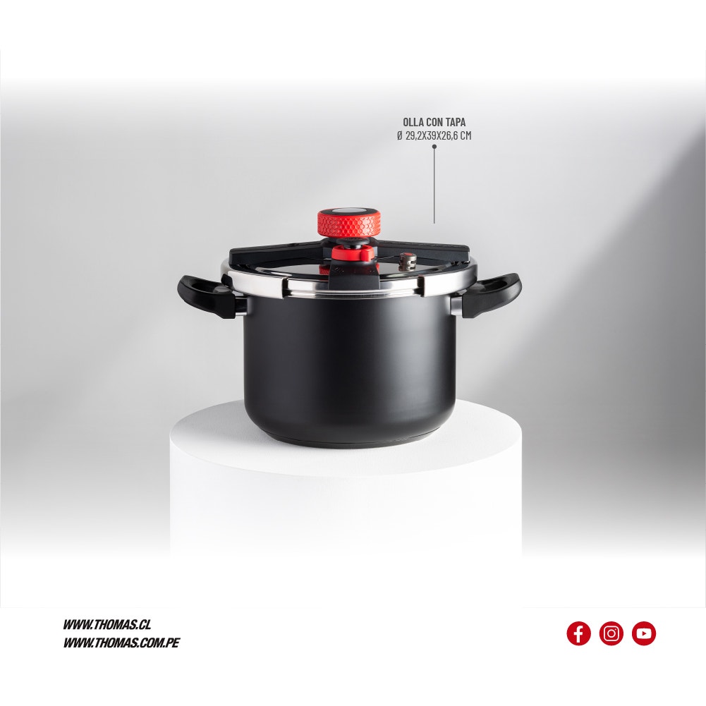 Olla a Presión Thomas TH-MOP08N 8 Litros Acero Inoxidable Triple Sistema de Seguridad Válvula de Operación y Seguridad Apta Inducción Asas Negras