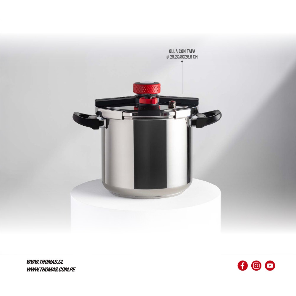 Olla a Presión Thomas TH-MOP10I 10 Litros Acero Inoxidable Triple Sistema de Seguridad Válvula de Operación y Seguridad Apta Inducción Asas Negras