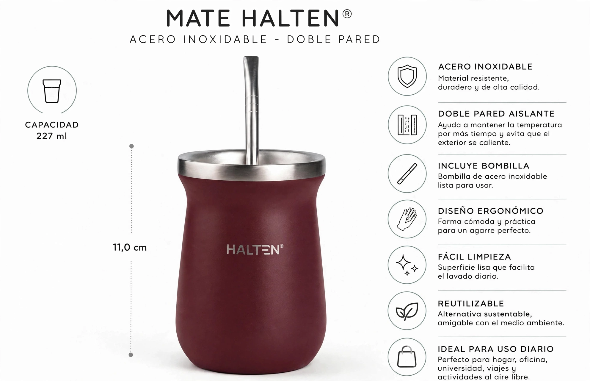 Mate Térmico de Acero Inoxidable 300 ml con Bombilla Conserva Calor 1 Hora y Frío 6 Horas