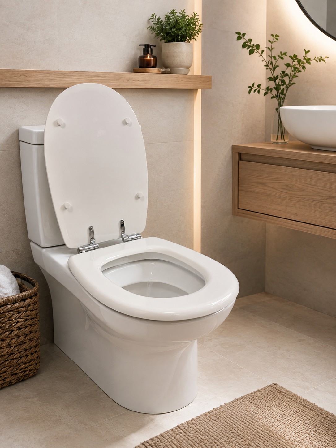 Asiento Tapa WC Elongado De Madera Con bisagras Metalica y Cierre Sueve Modelo Hessen Marca Taumm