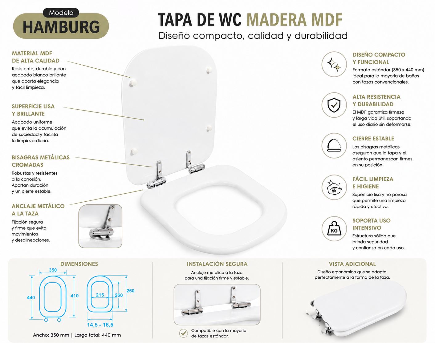 Asiento Tapa WC Elongado De Madera Con bisagras Metalica y Cierre Sueve Modelo Hamburg Marca Taumm