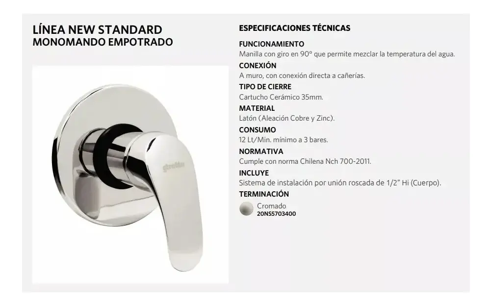 Monomando Llave Grifo Para Ducha Empotrado Modelo New Standard Marca Stretto - Imagen 4