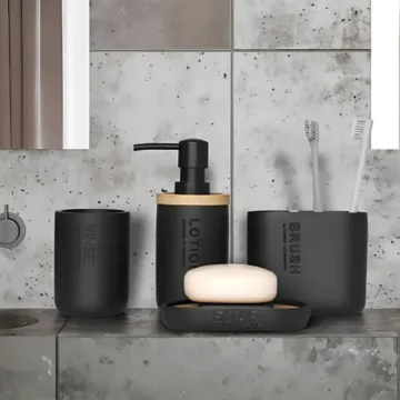 Kit Accesorio Baño Resina 4 Piezas Stretto Negro Bambu