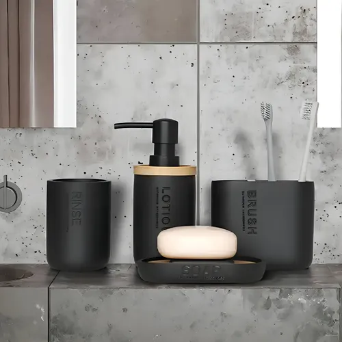 Set Accesorios De Baño Moderno 4 Piezas Resina Bambu Stretto