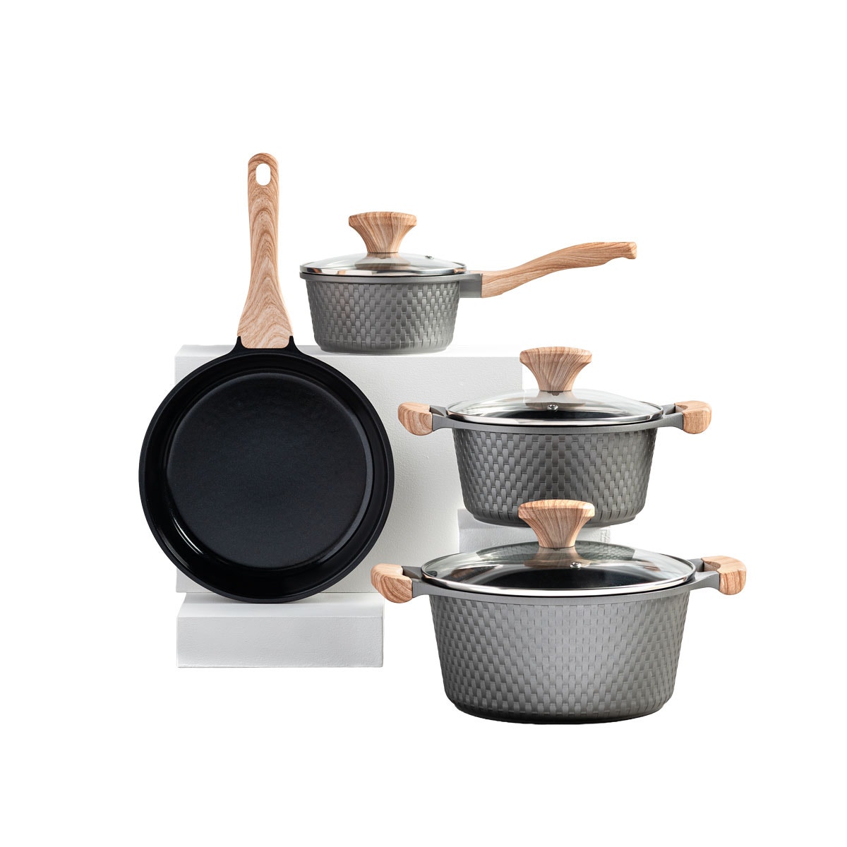 Batería de Cocina Thomas TH-MB07GM 7 Piezas Aluminio Fundido Juego Set de Ollas y Sartén Antiadherente Cerámico Efecto Mármol Mangos Color Madera Apto Inducción
