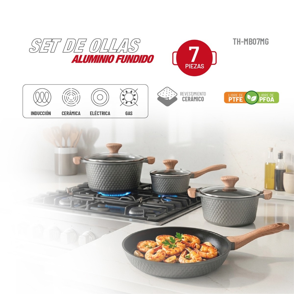 Batería de Cocina Thomas TH-MB07GM 7 Piezas Aluminio Fundido Juego Set de Ollas y Sartén Antiadherente Cerámico Efecto Mármol Mangos Color Madera Apto Inducción - Imagen 3