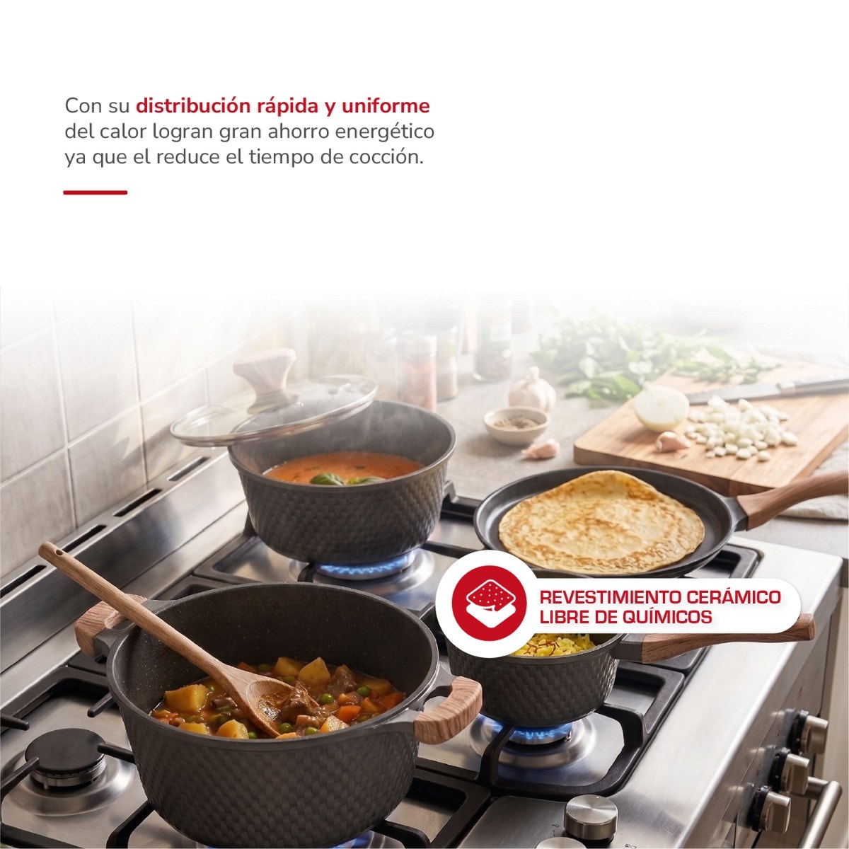 Batería de Cocina Thomas TH-MB07GM 7 Piezas Aluminio Fundido Juego Set de Ollas y Sartén Antiadherente Cerámico Efecto Mármol Mangos Color Madera Apto Inducción - Imagen 4