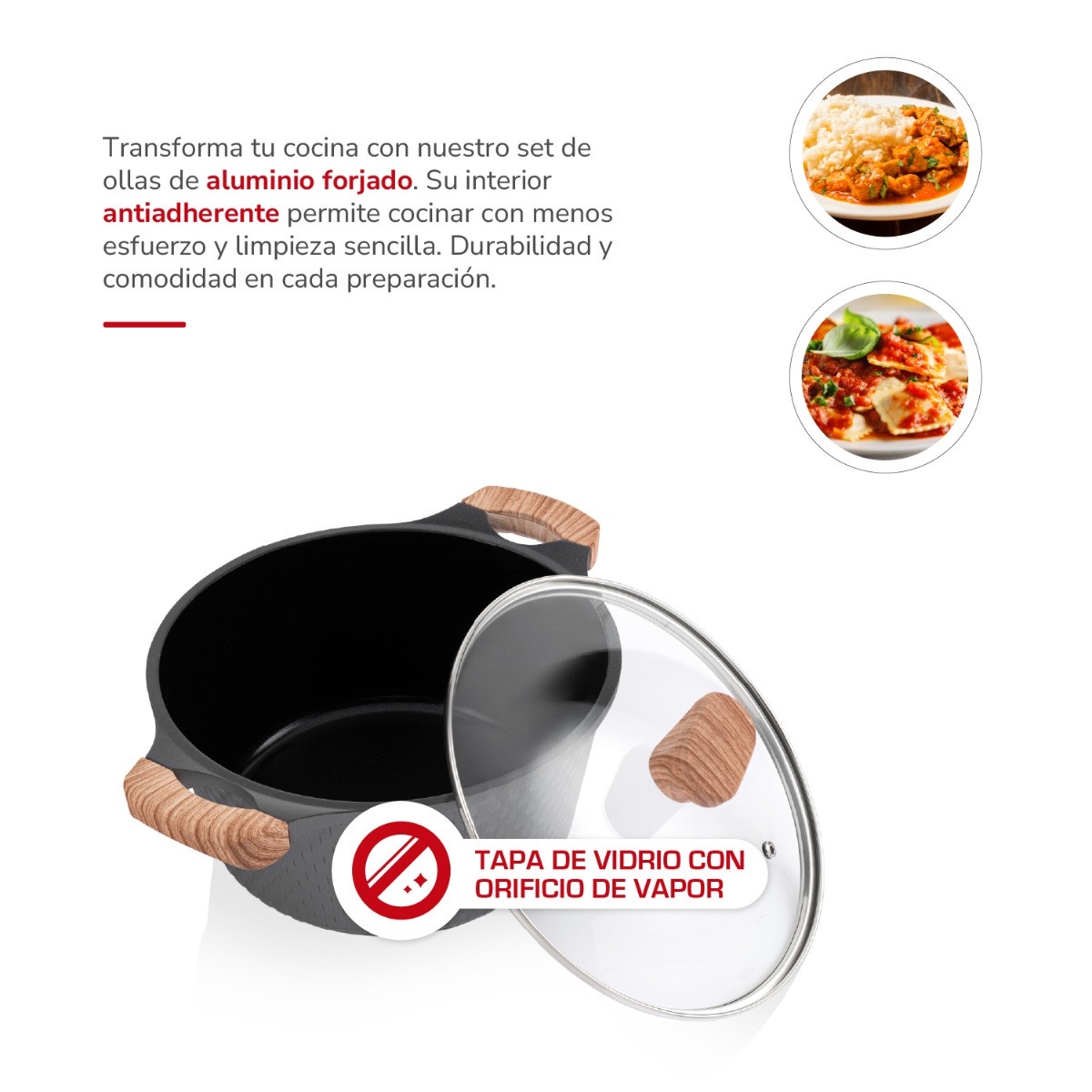 Batería de Cocina Thomas TH-MB07GM 7 Piezas Aluminio Fundido Juego Set de Ollas y Sartén Antiadherente Cerámico Efecto Mármol Mangos Color Madera Apto Inducción - Imagen 5