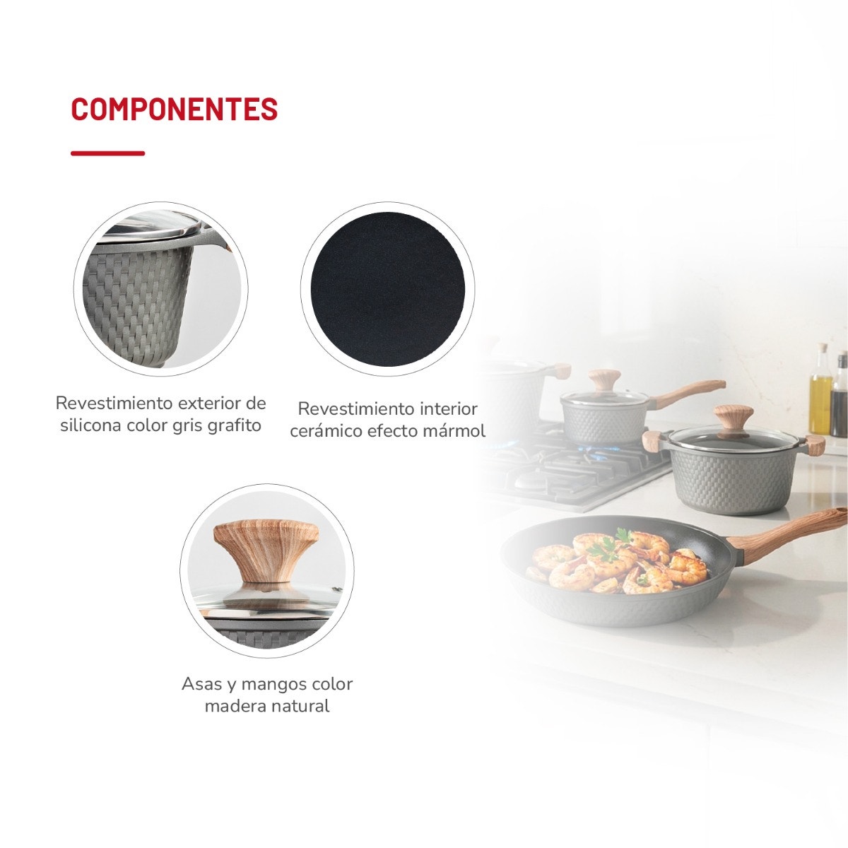Batería de Cocina Thomas TH-MB07GM 7 Piezas Aluminio Fundido Juego Set de Ollas y Sartén Antiadherente Cerámico Efecto Mármol Mangos Color Madera Apto Inducción - Imagen 6