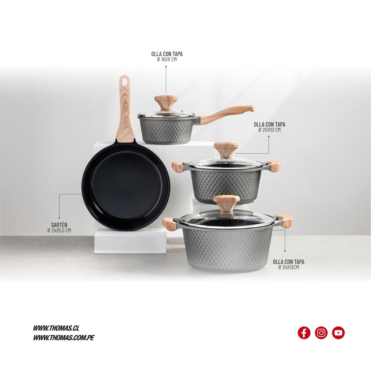 Batería de Cocina Thomas TH-MB07GM 7 Piezas Aluminio Fundido Juego Set de Ollas y Sartén Antiadherente Cerámico Efecto Mármol Mangos Color Madera Apto Inducción - Imagen 7