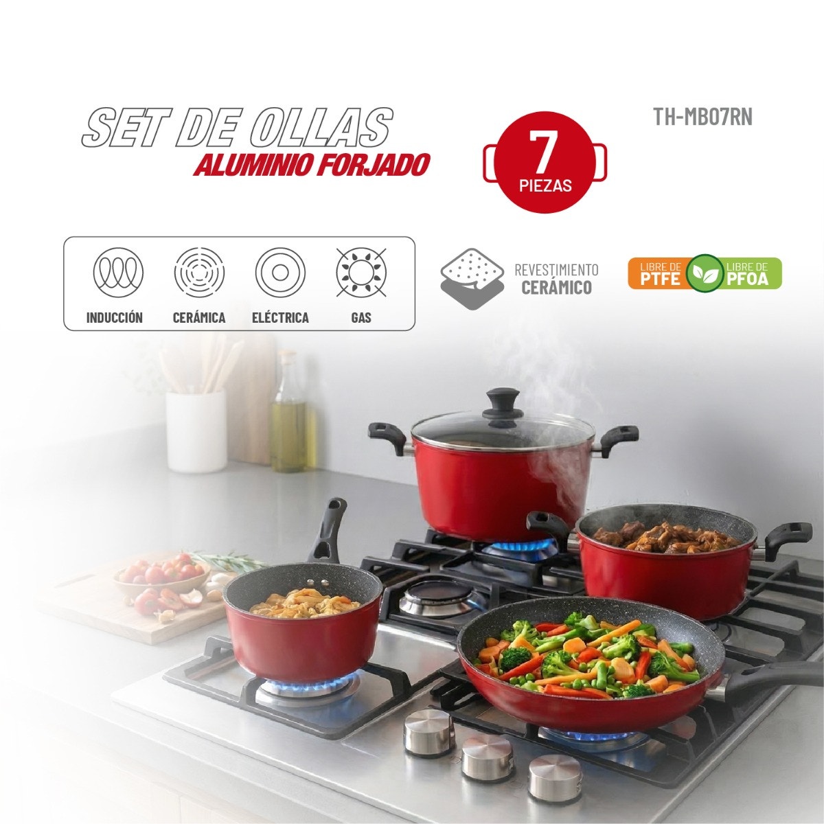 Batería de Cocina Thomas TH-MB07RN 7 Piezas Aluminio Forjado Juego Set de Ollas y Sartén Antiadherente Cerámico Apto Inducción Tapas de Vidrio Templado - Imagen 6
