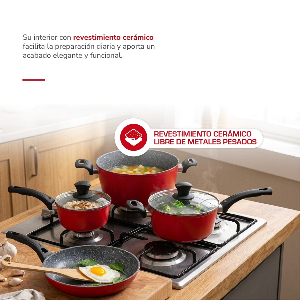 Batería de Cocina Thomas TH-MB07RN 7 Piezas Aluminio Forjado Juego Set de Ollas y Sartén Antiadherente Cerámico Apto Inducción Tapas de Vidrio Templado - Imagen 7