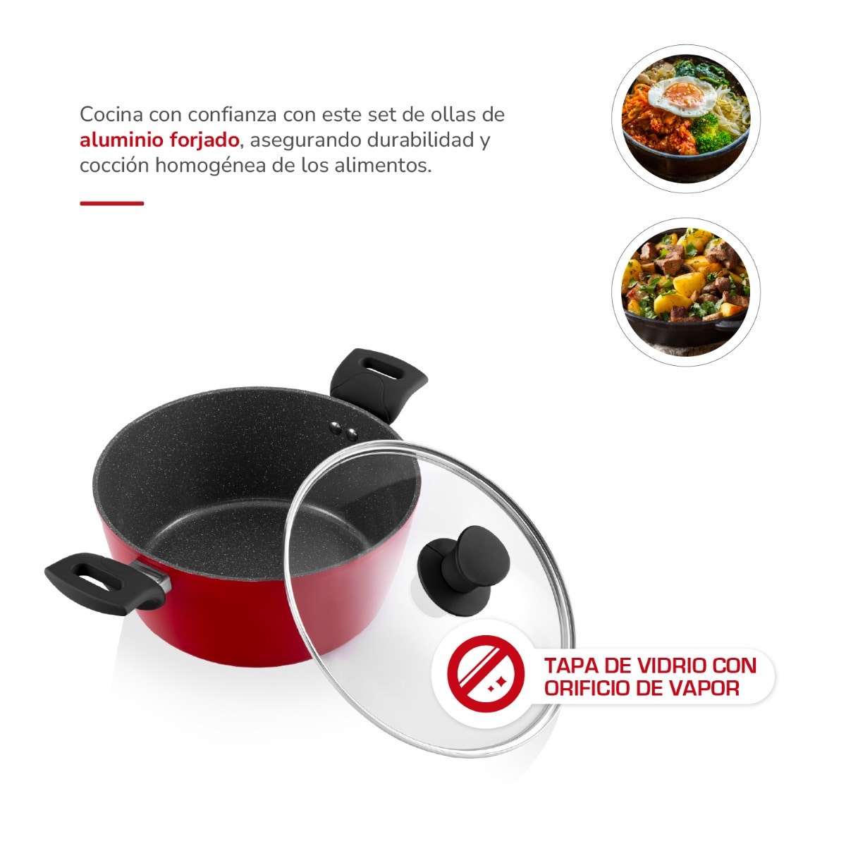Batería de Cocina Thomas TH-MB07RN 7 Piezas Aluminio Forjado Juego Set de Ollas y Sartén Antiadherente Cerámico Apto Inducción Tapas de Vidrio Templado - Imagen 8