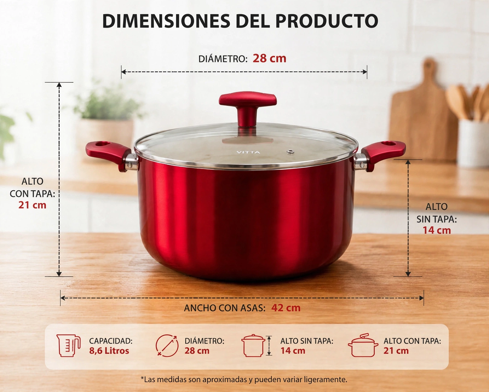 Cacerola Olla Antiadherente Rosso Vitta Rojo 28 Cm - Imagen 8