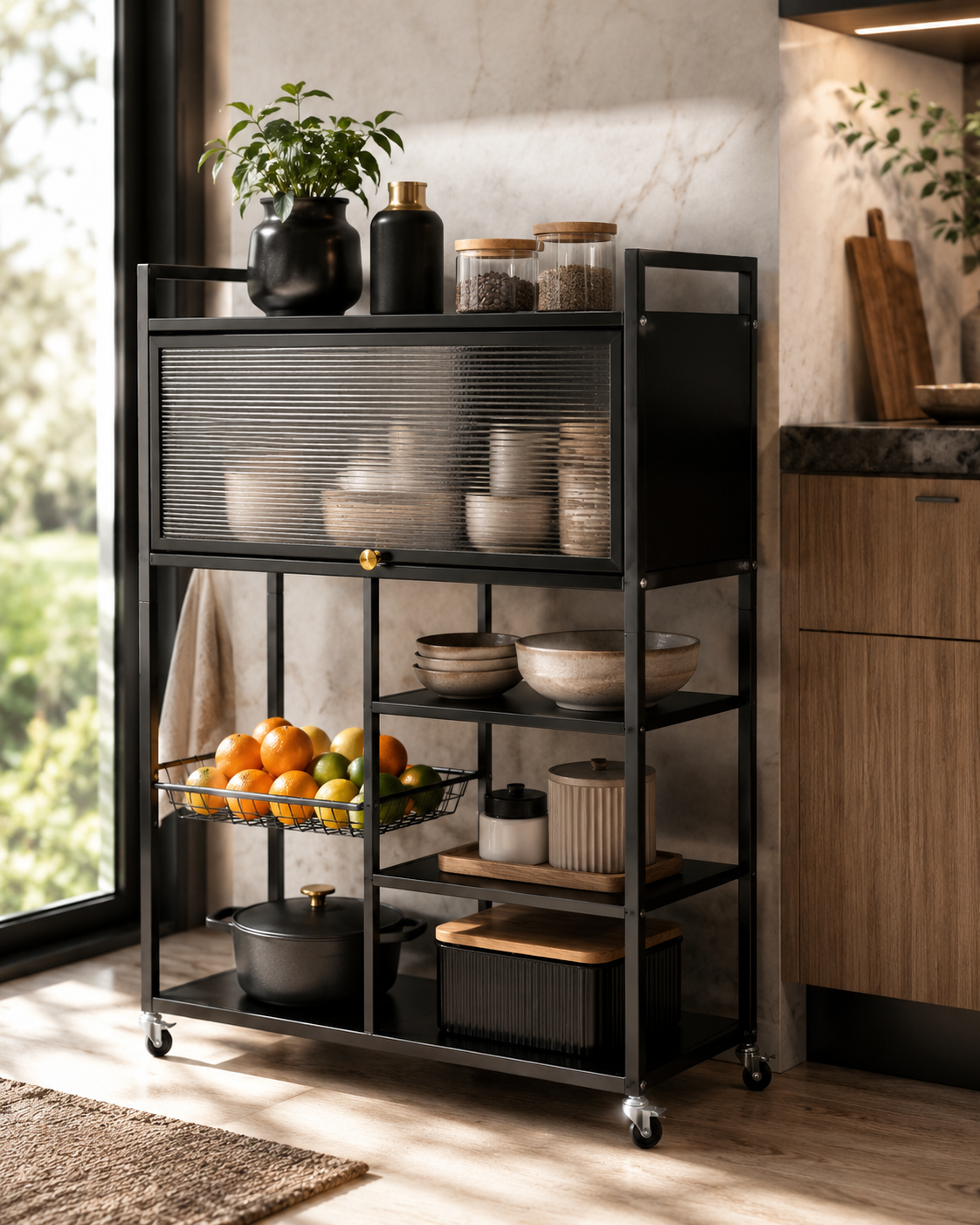 Estante Organizador Multiuso de Cocina con Gabinete y Ruedas