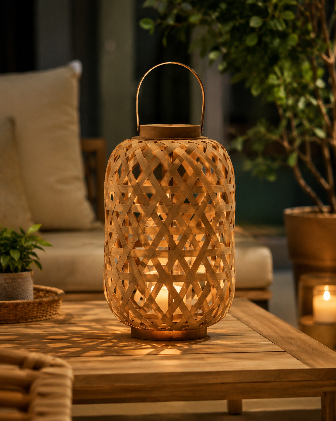 Farol Decorativo Cilíndrico de Bambú con Asa y Porta Velas 25cm Natural