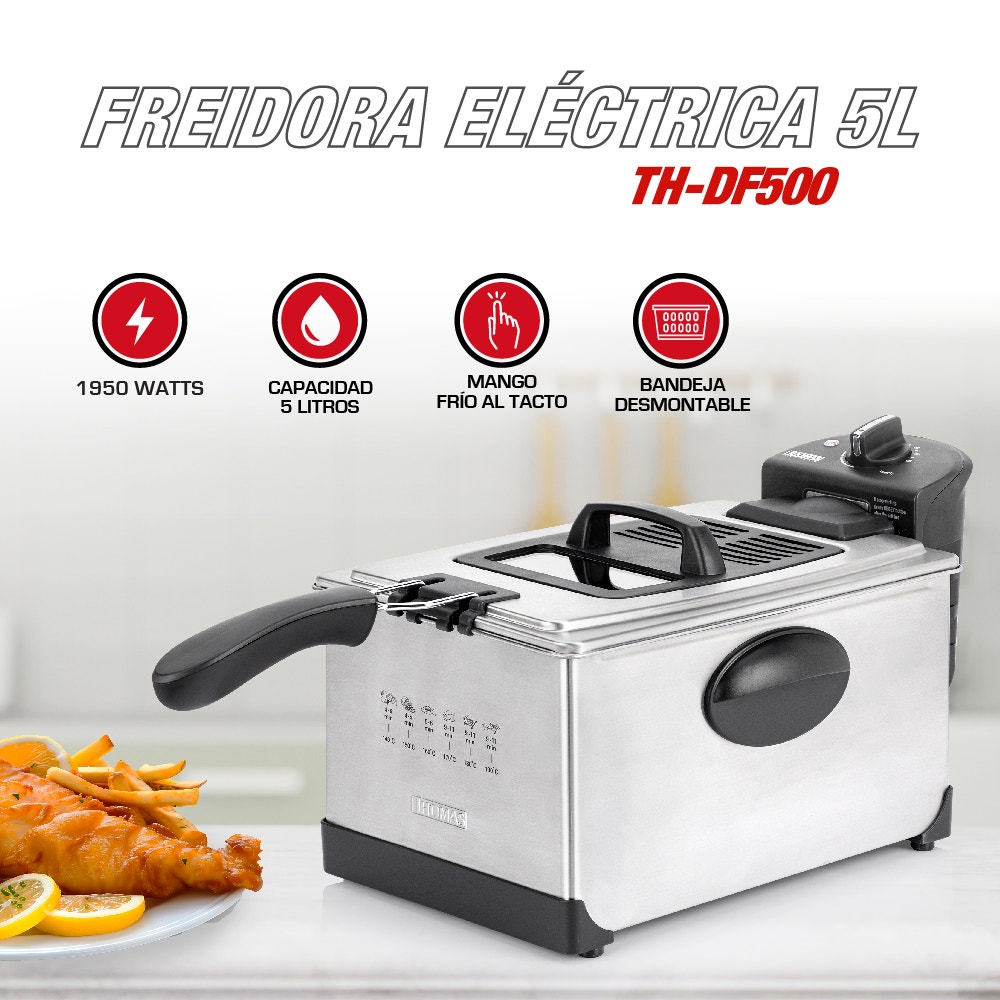 Freidora Eléctrica Thomas TH-DF500 5 Litros 1950W Freidora de Aceite Acero Inoxidable Regulador de Temperatura hasta 190° Tapa con Ventana y Filtro Canastillo Removible - Imagen 2