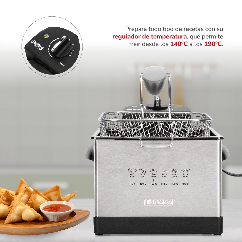Freidora Eléctrica Thomas TH-DF500 5 Litros 1950W Freidora de Aceite Acero Inoxidable Regulador de Temperatura hasta 190° Tapa con Ventana y Filtro Canastillo Removible - Imagen 3