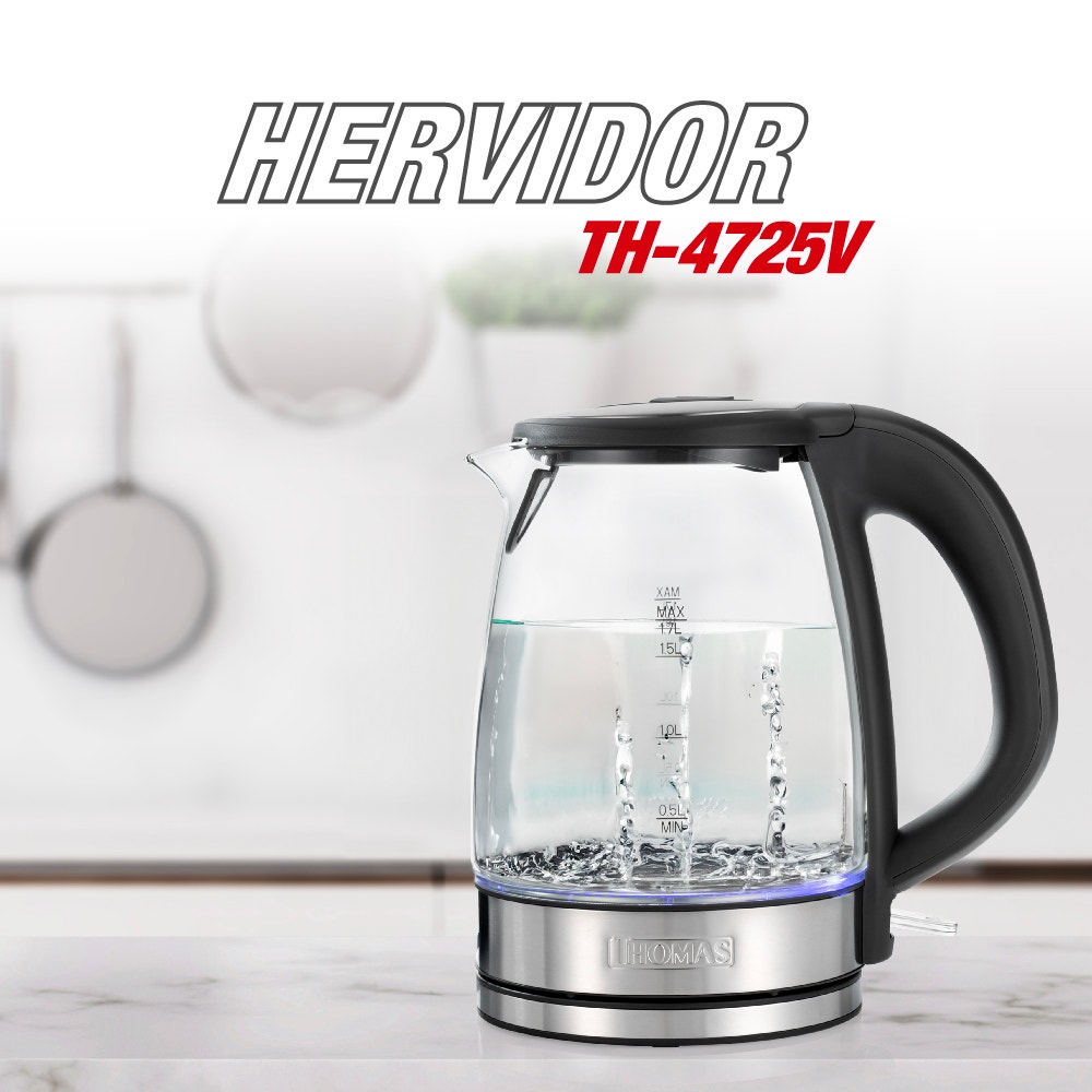 Hervidor Eléctrico de Vidrio Thomas TH-4725V 1,7 Litros 2200W Tetera Jarro Eléctrico Hervidor de Agua Vidrio Templado Base Giratoria 360° Apagado Automático - Imagen 2