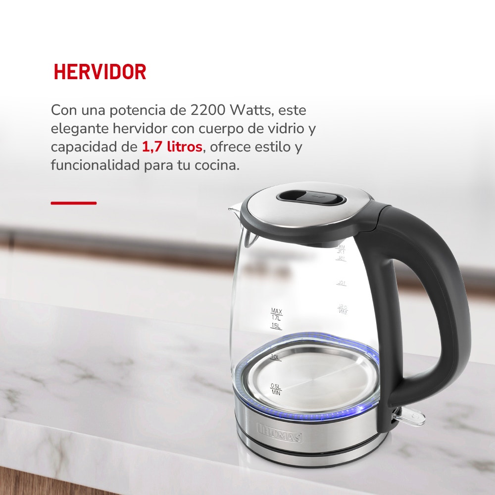 Hervidor Eléctrico de Vidrio Thomas TH-4725V 1,7 Litros 2200W Tetera Jarro Eléctrico Hervidor de Agua Vidrio Templado Base Giratoria 360° Apagado Automático - Imagen 4