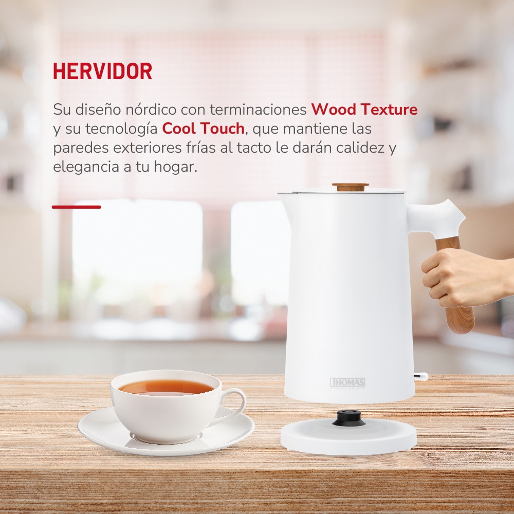 Hervidor Eléctrico Thomas TH-6250B Cool Touch 1,7 Litros 2200W Tetera Jarro Eléctrico Diseño Nórdico Wood Texture Exterior Frío al Tacto Interior Acero Inoxidable - Imagen 4