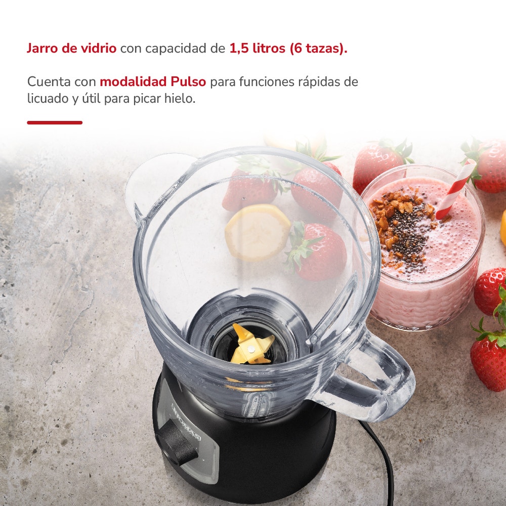 Licuadora Thomas TH-330V 1,5 Litros 600W Juguera Jarro de Vidrio 2 Velocidades más Pulso Cuchillas 4 Fold Titanium Blades Acero Inoxidable - Imagen 3