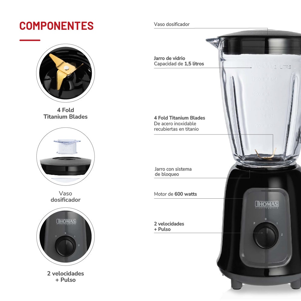 Licuadora Thomas TH-330V 1,5 Litros 600W Juguera Jarro de Vidrio 2 Velocidades más Pulso Cuchillas 4 Fold Titanium Blades Acero Inoxidable - Imagen 5