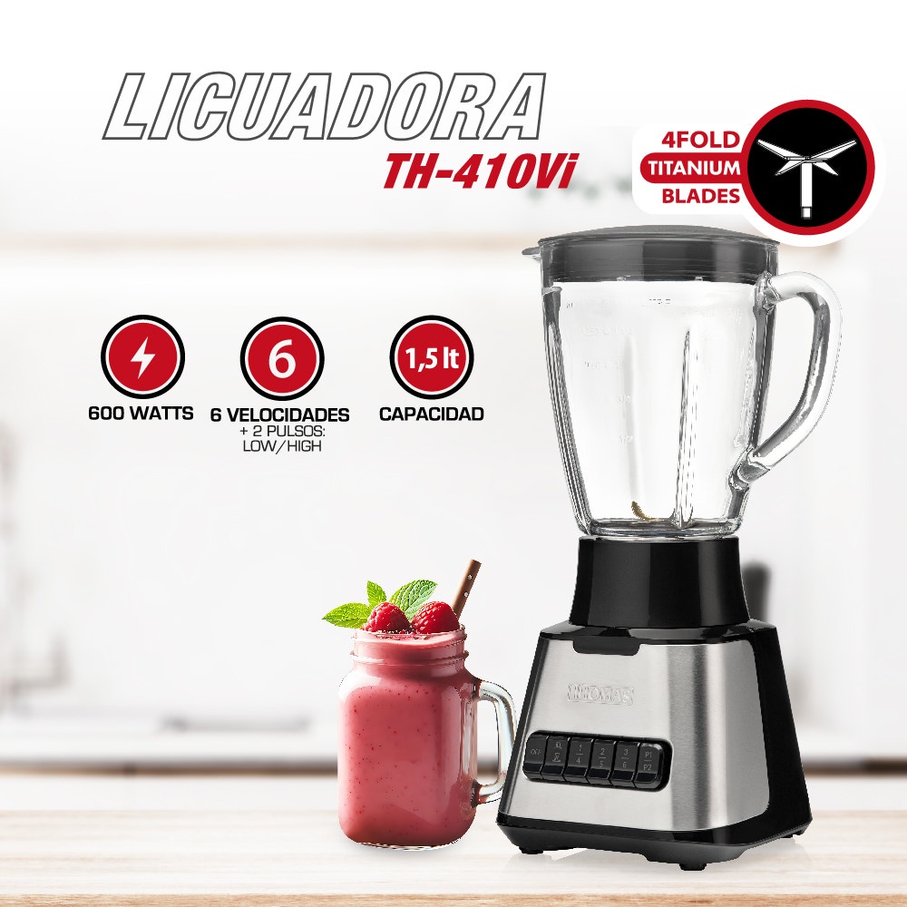 Licuadora Thomas TH-410Vi 1,5 Litros 600W Juguera Jarro de Vidrio 6 Velocidades más 2 Pulsos Cuchillas 4 Fold Titanium Blades Acople Metálico Base Acero Inoxidable - Imagen 2