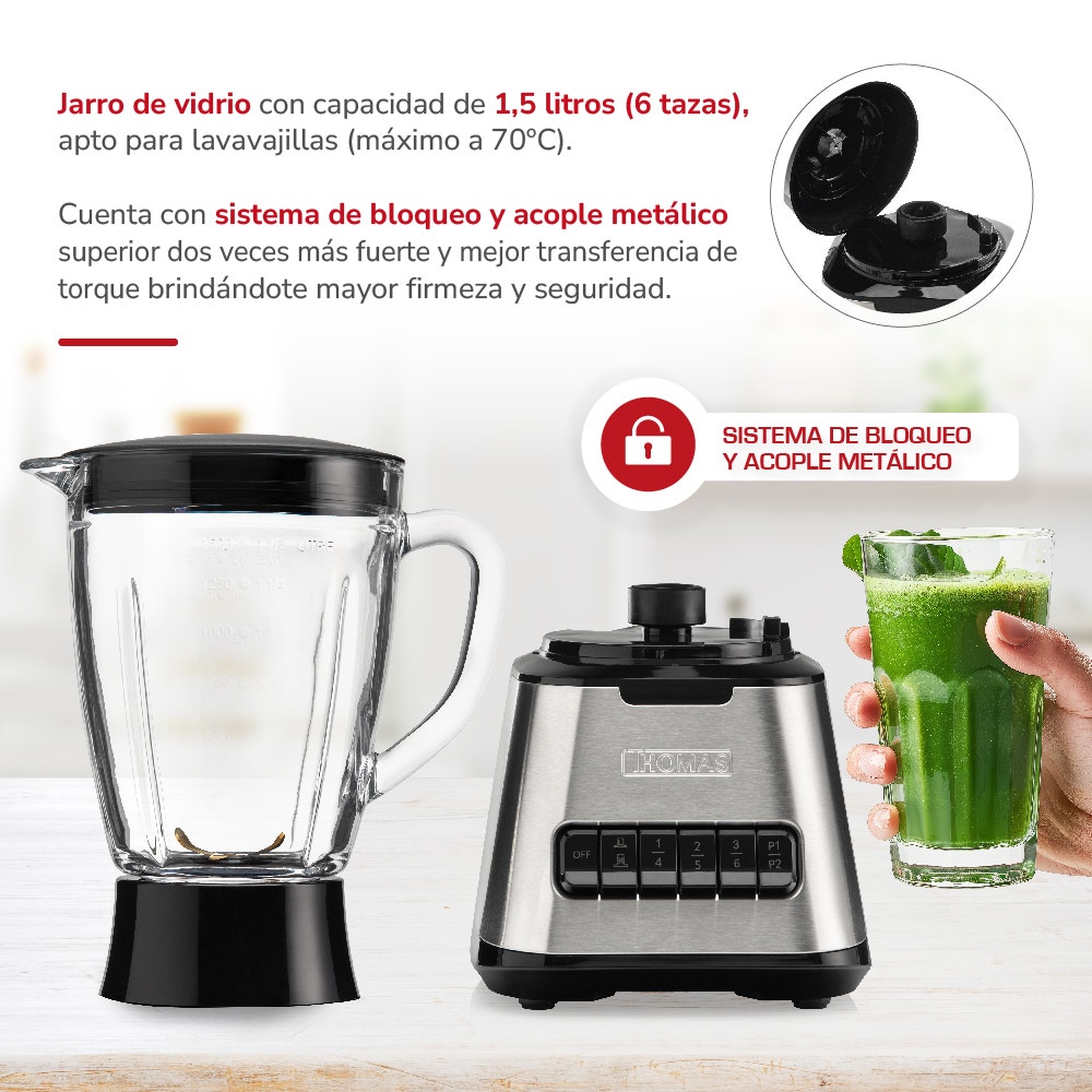Licuadora Thomas TH-410Vi 1,5 Litros 600W Juguera Jarro de Vidrio 6 Velocidades más 2 Pulsos Cuchillas 4 Fold Titanium Blades Acople Metálico Base Acero Inoxidable - Imagen 3