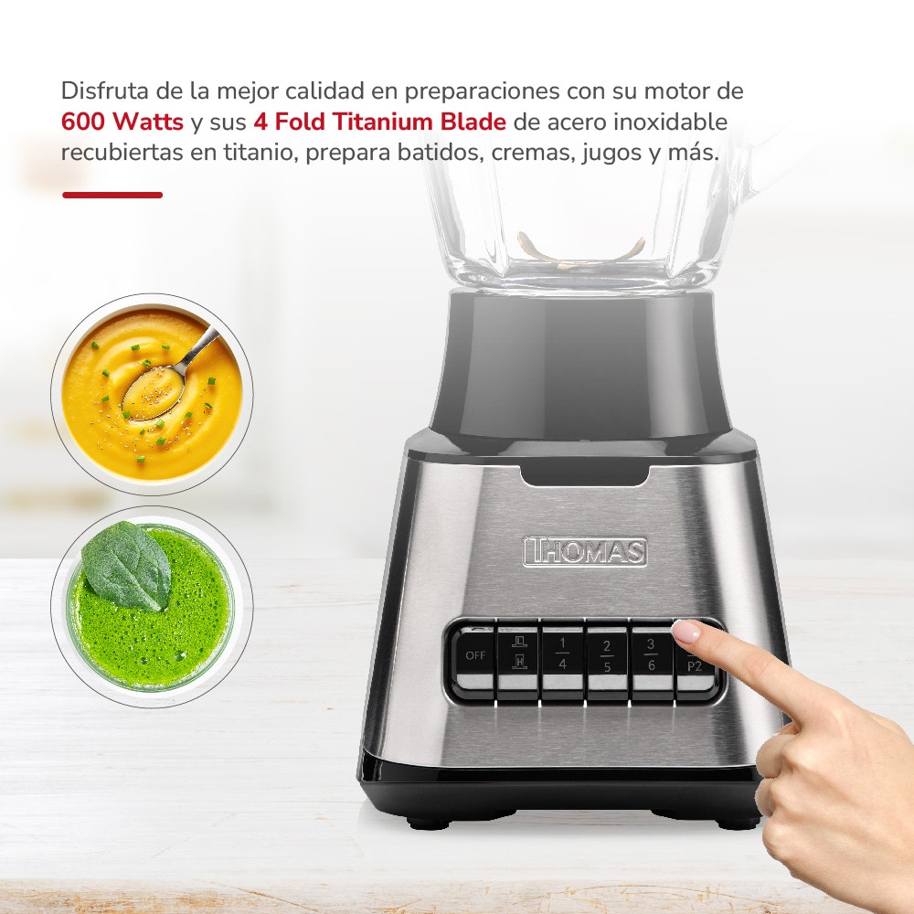 Licuadora Thomas TH-410Vi 1,5 Litros 600W Juguera Jarro de Vidrio 6 Velocidades más 2 Pulsos Cuchillas 4 Fold Titanium Blades Acople Metálico Base Acero Inoxidable - Imagen 4