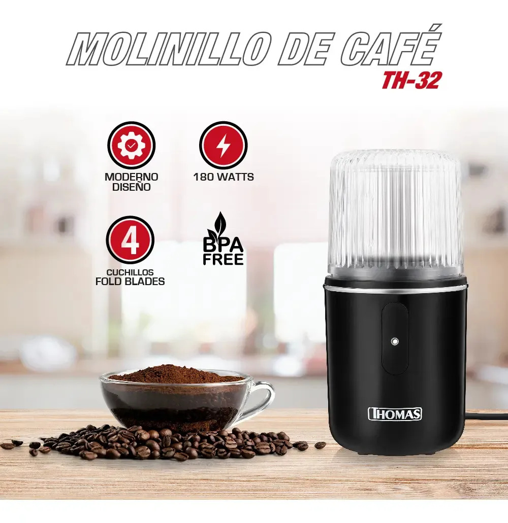 Molinillo de Café Eléctrico Thomas TH-32 180W Moledor Molino de Café Granos Especias y Frutos Secos Capacidad 55 g Cuchillas 4 Fold Blades Acero Inoxidable BPA Free - Imagen 3