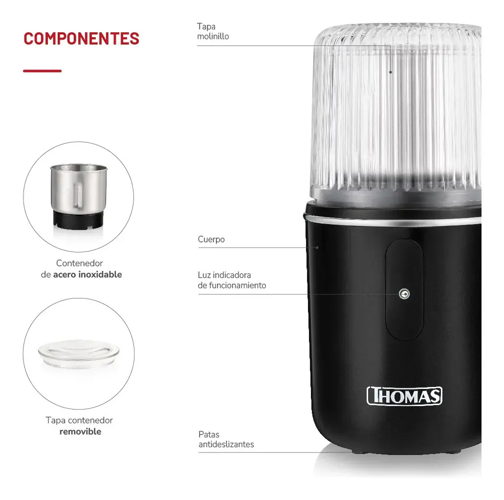 Molinillo de Café Eléctrico Thomas TH-32 180W Moledor Molino de Café Granos Especias y Frutos Secos Capacidad 55 g Cuchillas 4 Fold Blades Acero Inoxidable BPA Free - Imagen 7