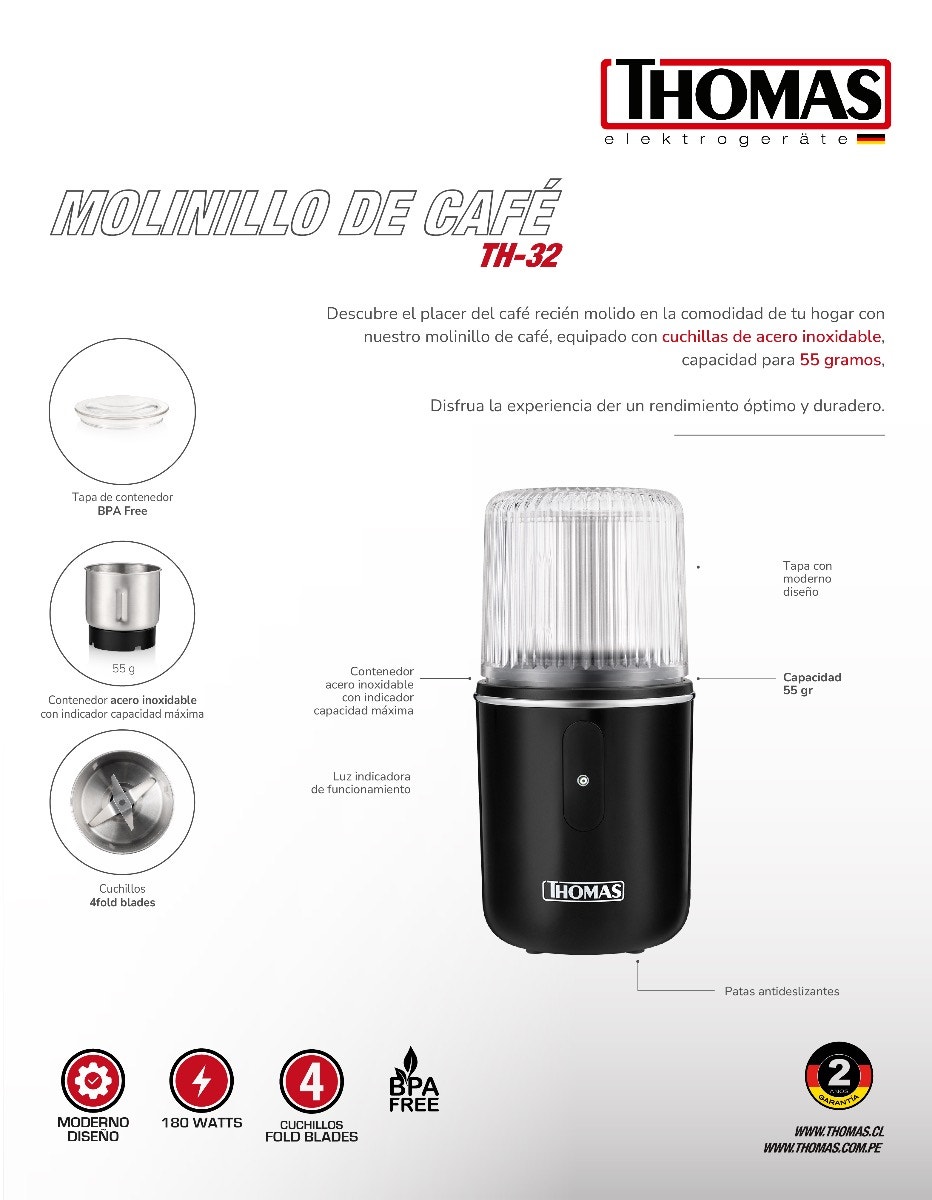 Molinillo de Café Eléctrico Thomas TH-32 180W Moledor Molino de Café Granos Especias y Frutos Secos Capacidad 55 g Cuchillas 4 Fold Blades Acero Inoxidable BPA Free - Imagen 8