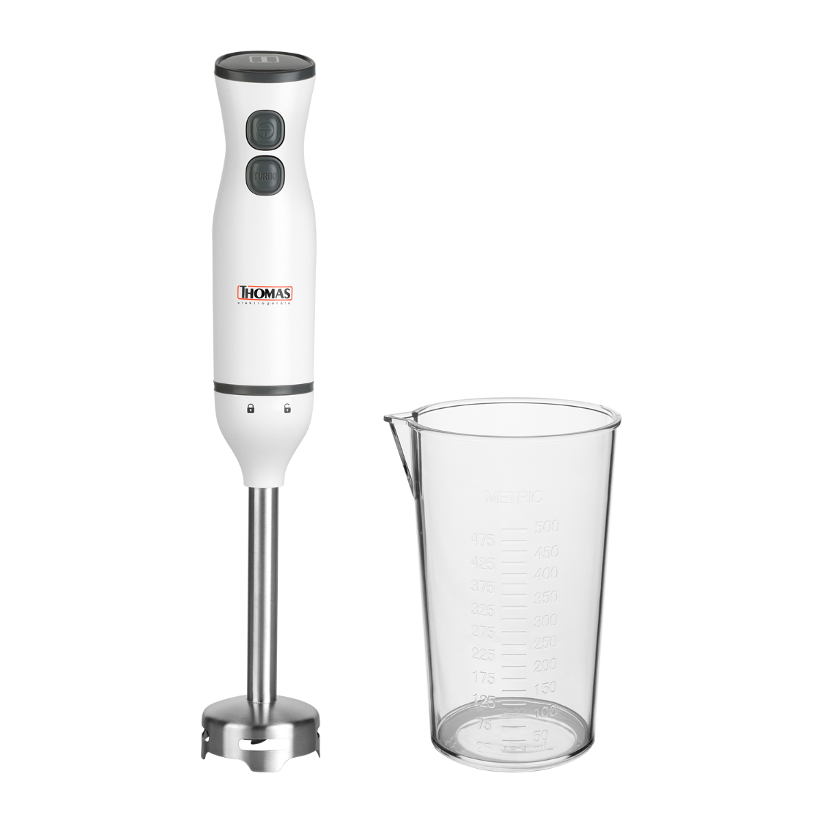 Minipimer Thomas TH-8706 300W Batidora de Mano Mixer Licuadora de Inmersión 2 Velocidades Varilla y Cuchillas de Acero Inoxidable Vaso Dosificador 500 ml